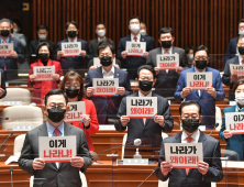 국민의힘, 文대통령 시정연설에 ‘이게 나라냐’ 피켓들고 항의