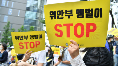 보수단체, 손에 든  '위안부 앵벌이 STOP' 피켓