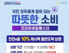 인천시, 11월 한 달 한정 인천e음 캐시백 한도 100만 원으로 상향