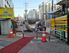 고양시 명지병원 앞 인도에 설치된 시설물 강풍에 쓰러지는 아찔한 사고 발생   