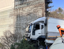 가드레일 뚫고 허공에 매달린 트럭...기계식 사다리 이용해 운전자 구조... 