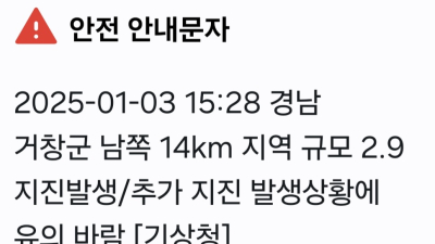 거창군 남쪽 14km 지역 규모 2.9 지진 발생